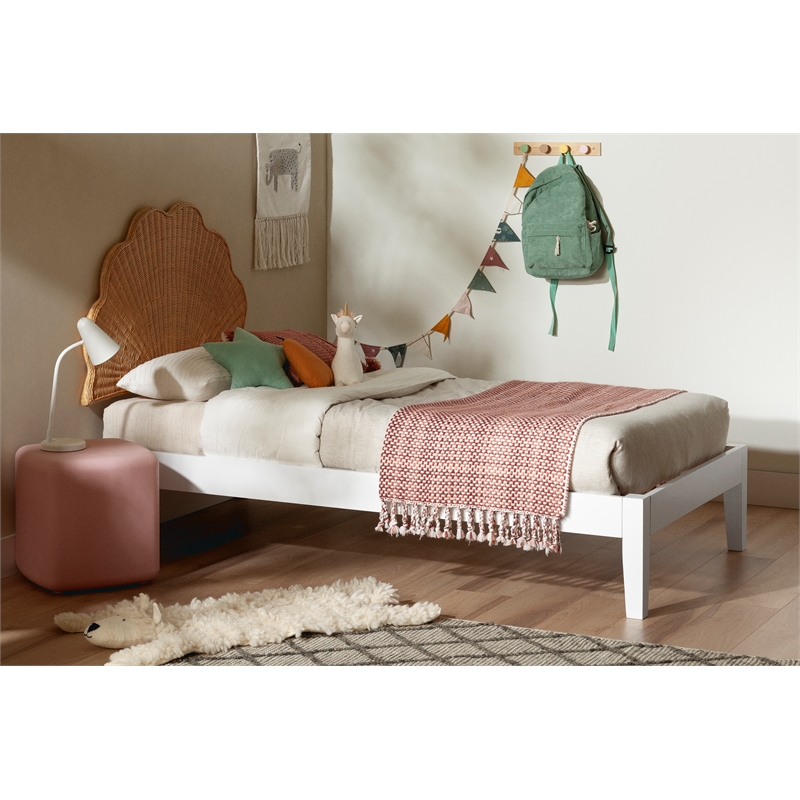 South Shore Bloom Wooden Bed and Rattan Shell Headboard Twin White and Natural