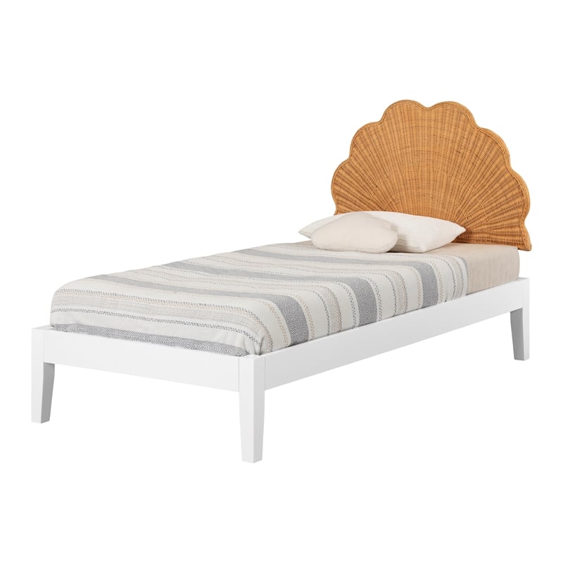 South Shore Bloom Wooden Bed and Rattan Shell Headboard Twin White and Natural
