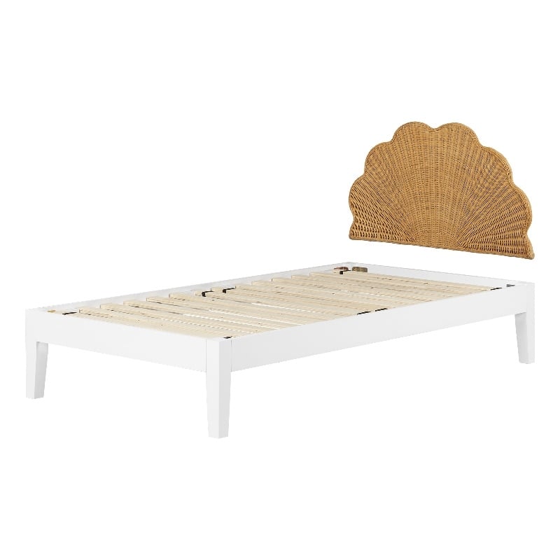 South Shore Bloom Wooden Bed and Rattan Shell Headboard Twin White and Natural