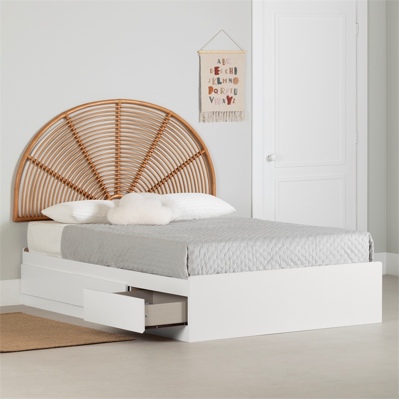 South Shore Bloom Mates Bed and Rattan Rainbow Headboard Full White and Natural