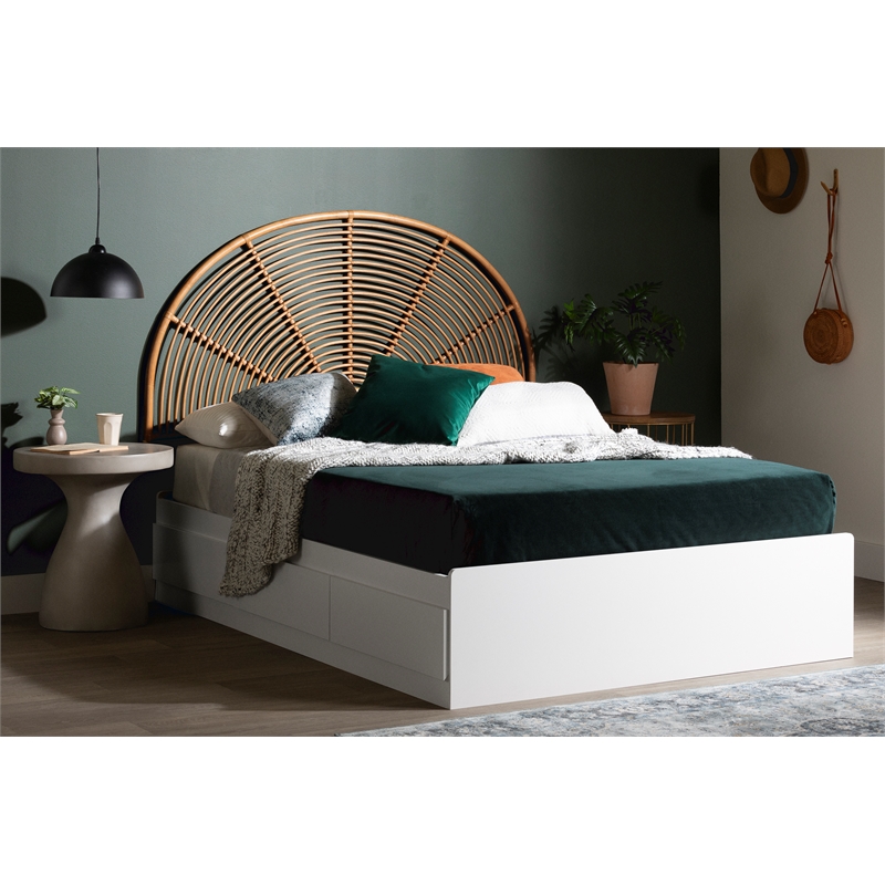 South Shore Bloom Mates Bed and Rattan Rainbow Headboard Full White and Natural