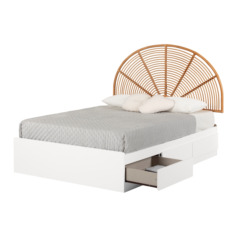 South Shore Bloom Mates Bed and Rattan Rainbow Headboard Full White and Natural