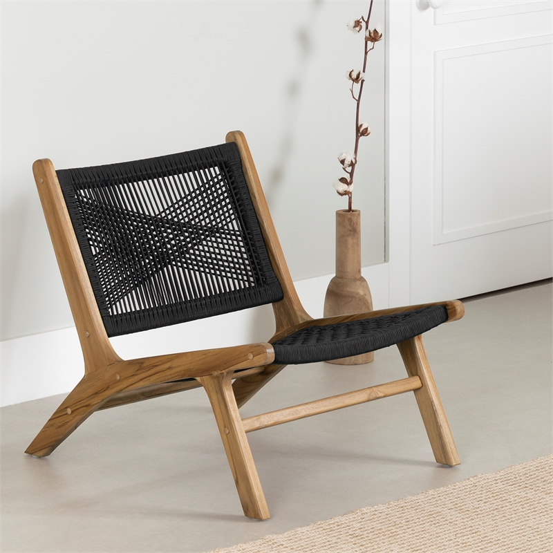 South Shore Balka Teak Wood and Woven Rope Lounge Chair  Black and Natural