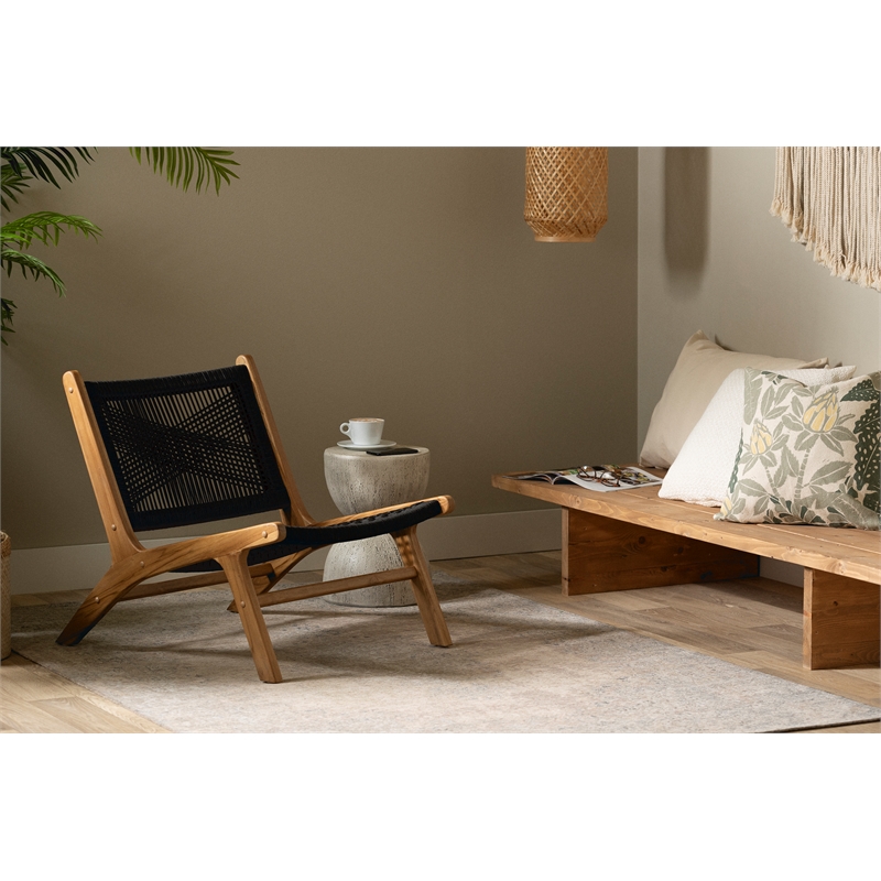 South Shore Balka Teak Wood and Woven Rope Lounge Chair  Black and Natural
