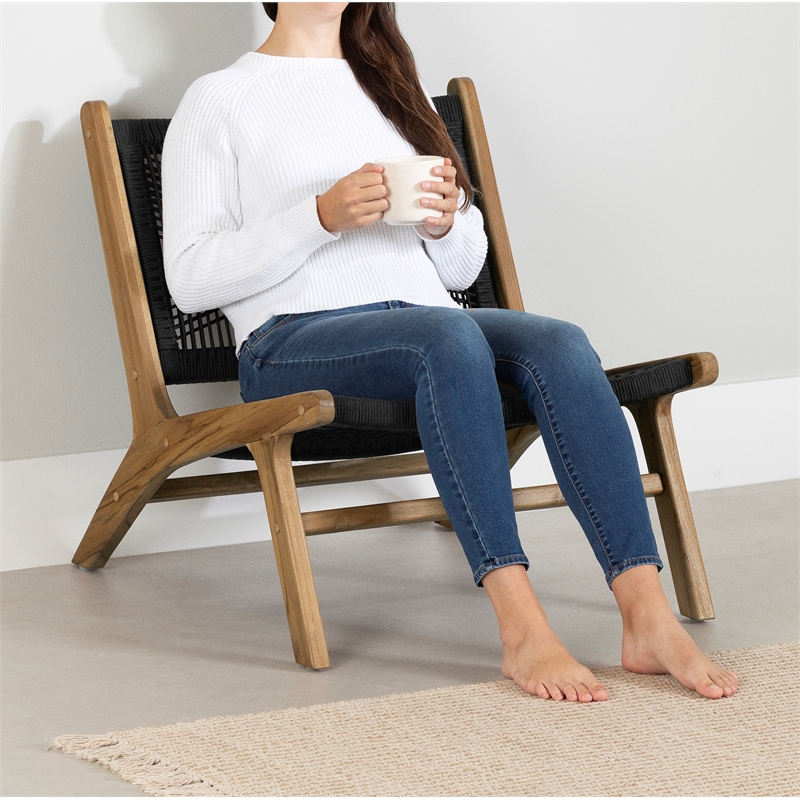 South Shore Balka Teak Wood and Woven Rope Lounge Chair  Black and Natural