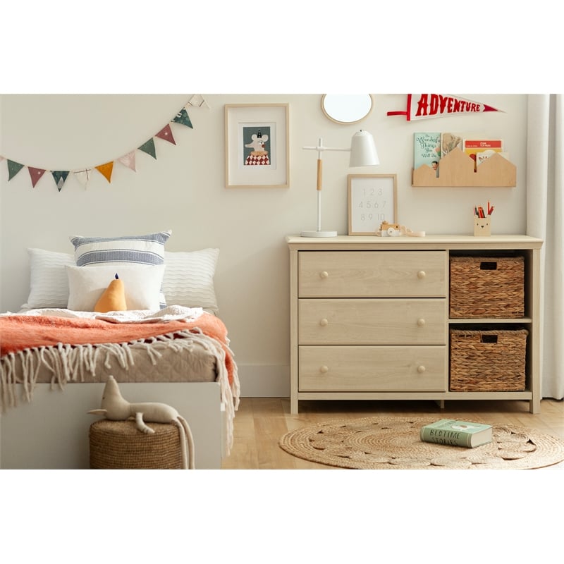 South Shore Cotton Candy 3-Drawer Dresser with Storage Baskets  Bleached Oak