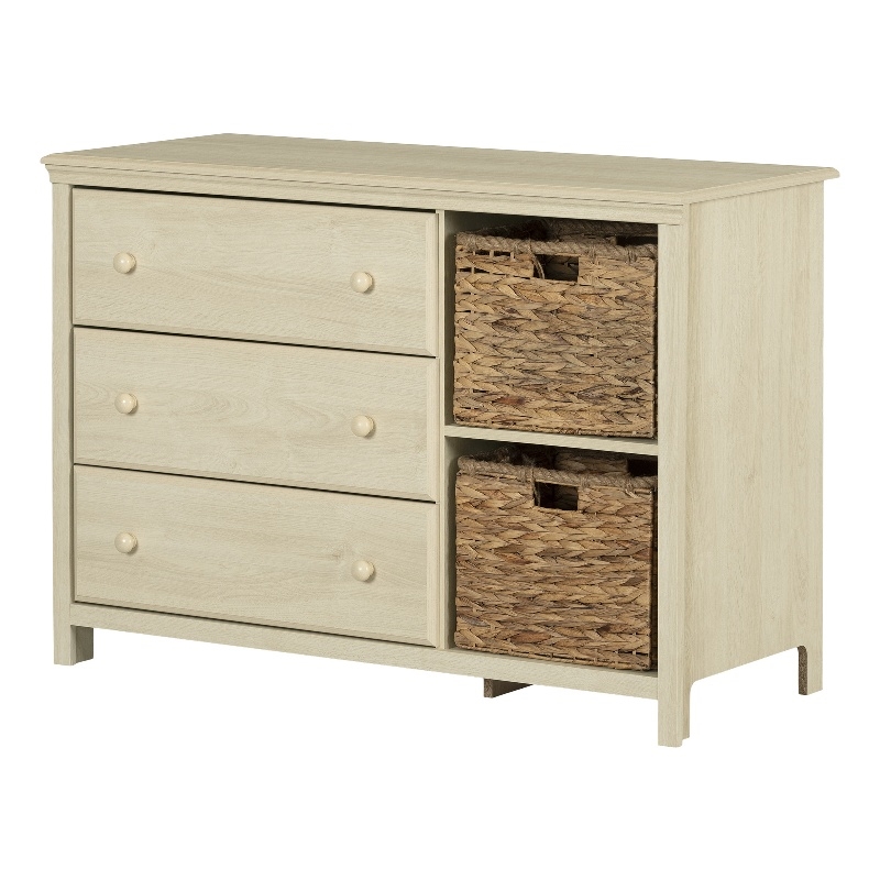 South Shore Cotton Candy 3-Drawer Dresser with Storage Baskets  Bleached Oak