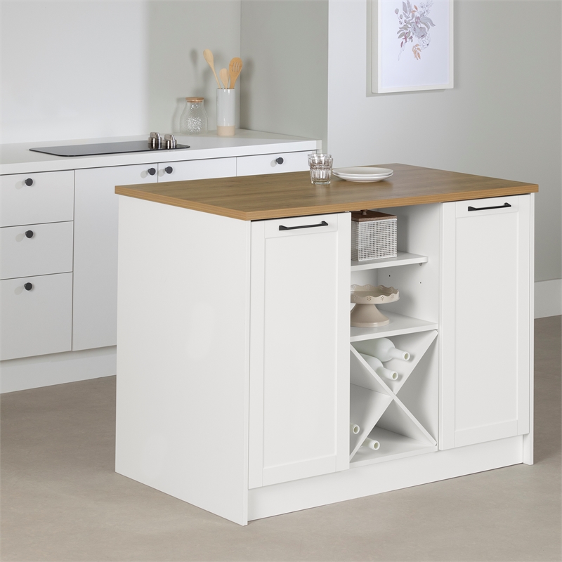 South Shore Toscano 6-Drawer Kitchen Island  Wine Storage White and Maple Nutmeg