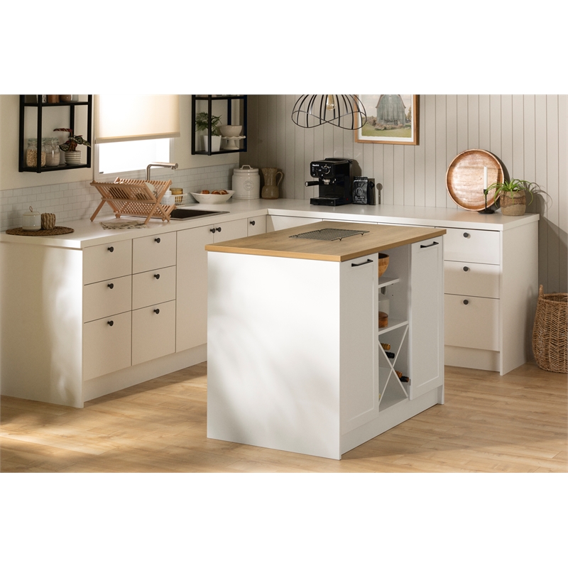 South Shore Toscano 6-Drawer Kitchen Island  Wine Storage White and Maple Nutmeg