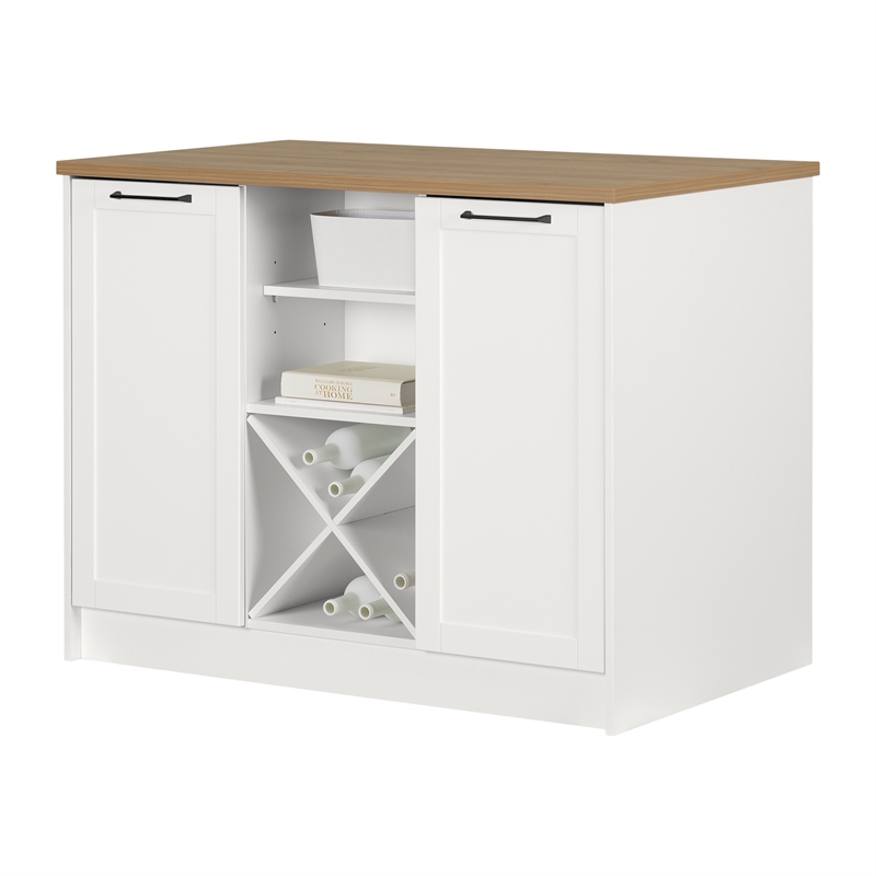 South Shore Toscano 6-Drawer Kitchen Island  Wine Storage White and Maple Nutmeg