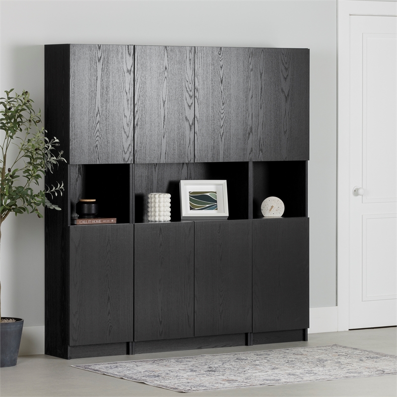 South Shore Liora 3 Piece Wall Bookcase Set in Black Oak