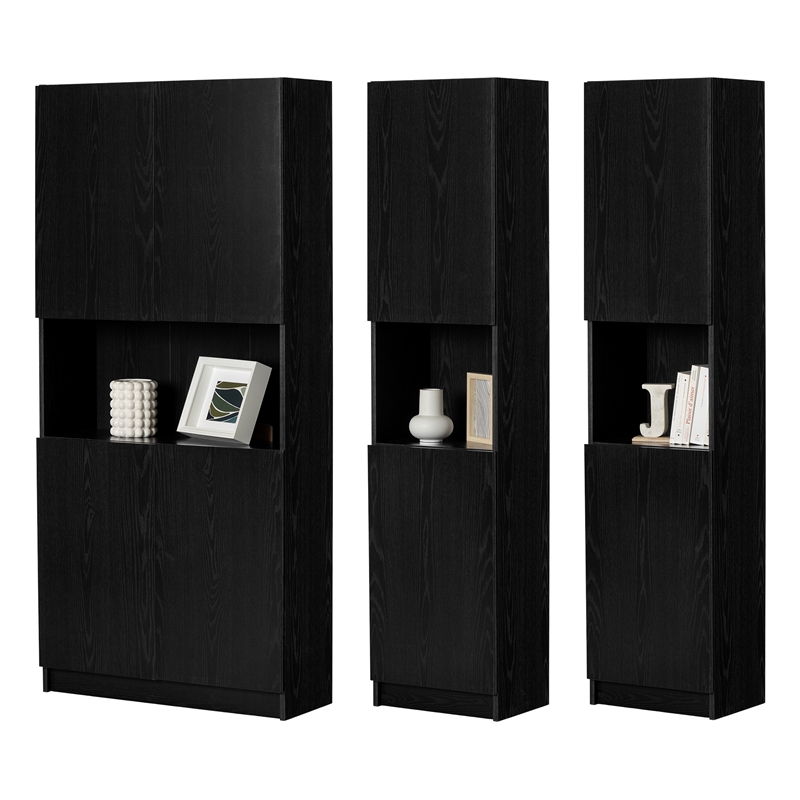 South Shore Liora 3 Piece Wall Bookcase Set in Black Oak