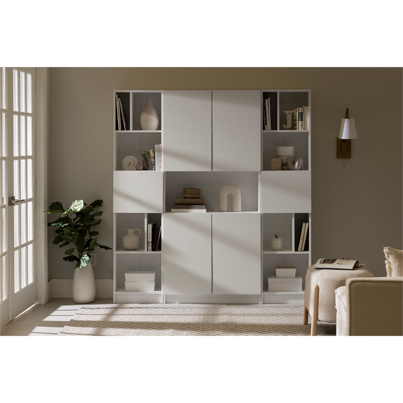 South Shore Liora 4-Door Bookcase with Open Storage Wide Pure White