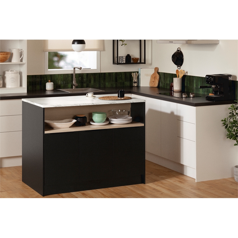 South Shore Olio Kitchen Island with Open Storage Black and Faux White Marble