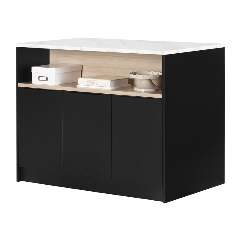 South Shore Olio Kitchen Island with Open Storage Black and Faux White Marble