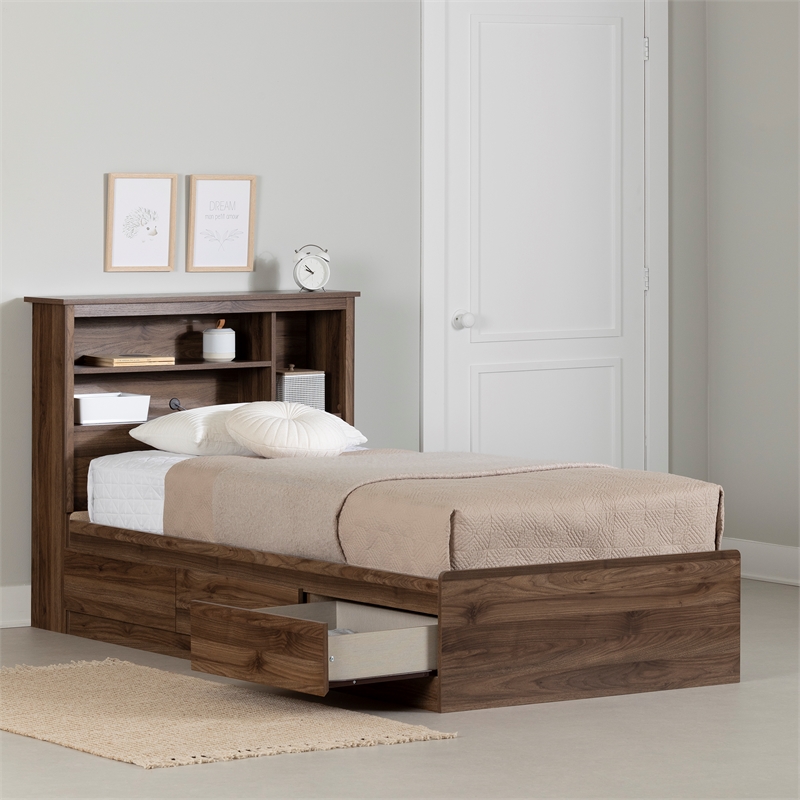South Shore Yodi Mates Bed and Bookcase Headboard Set Twin Natural Walnut