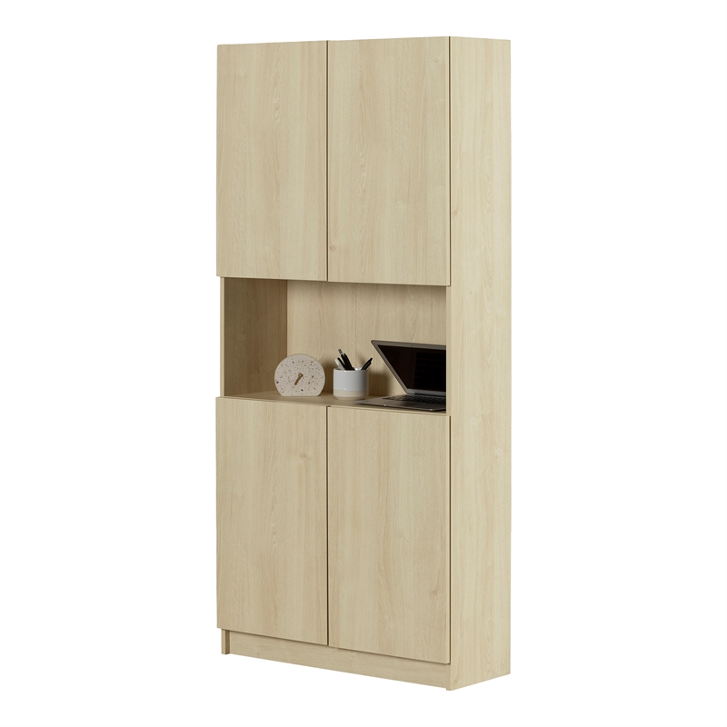 South Shore Olea 4-Door Bookcase with Open Storage Wide Bleached Oak