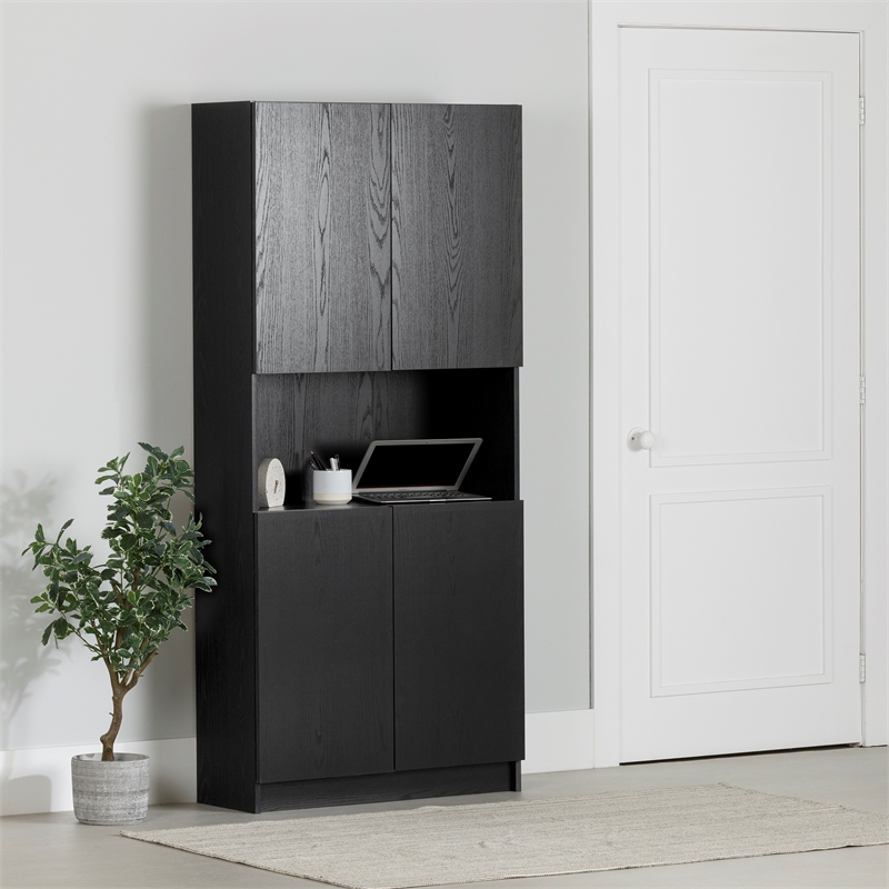 South Shore Olea 4-Door Bookcase with Open Storage Wide Black Oak