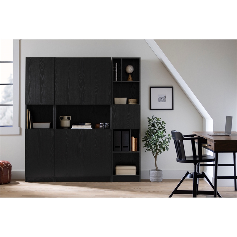 South Shore Olea 4-Door Bookcase with Open Storage Wide Black Oak