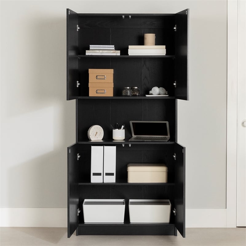 South Shore Olea 4-Door Bookcase with Open Storage Wide Black Oak