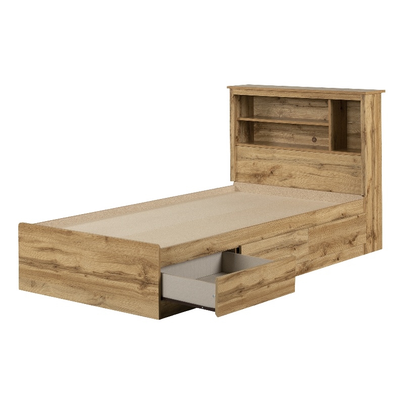 South Shore Tassio Mates Bed and Bookcase Headboard Set Twin Nordik Oak