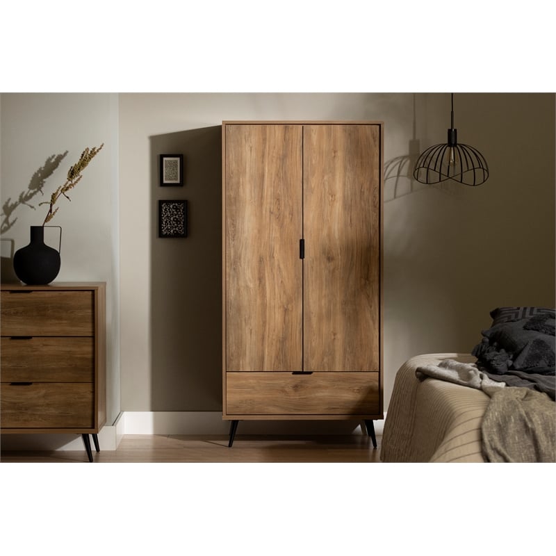 South Shore Oxford Wardrobe Armoire with Doors and Drawer  Natural Mango