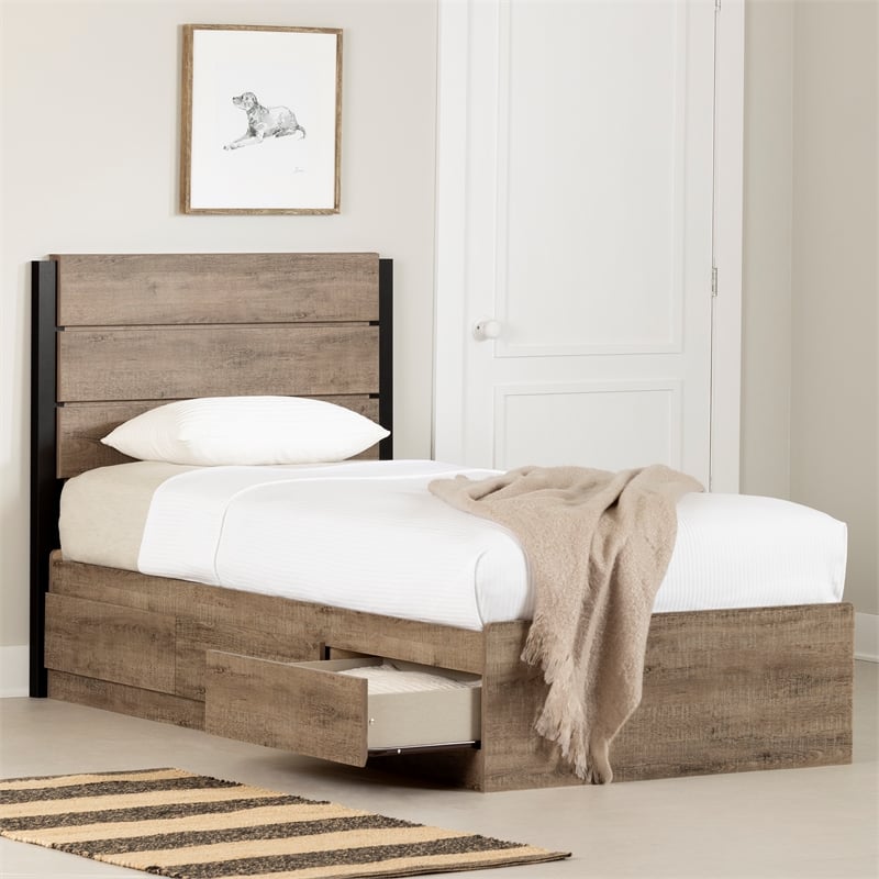 South Shore Arlen Mates Bed with 3 Drawers and Headboard Set Twin Weathered Oak