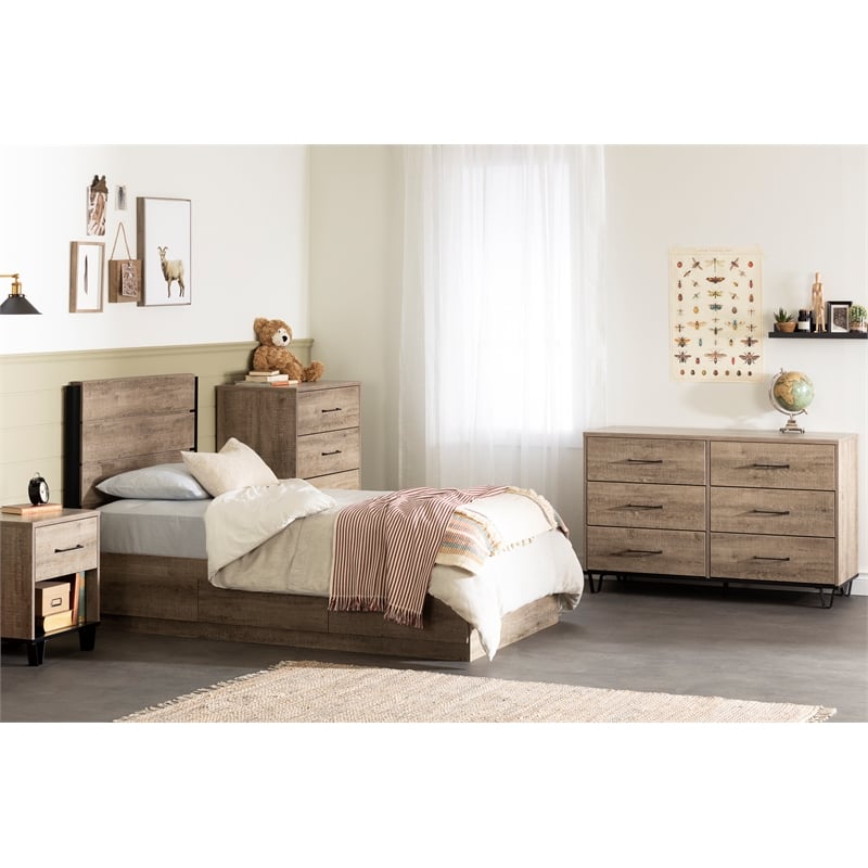 South Shore Arlen Mates Bed with 3 Drawers and Headboard Set Twin Weathered Oak