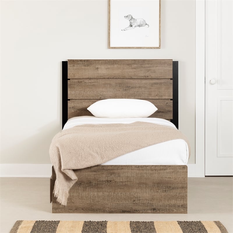 South Shore Arlen Mates Bed with 3 Drawers and Headboard Set Twin Weathered Oak