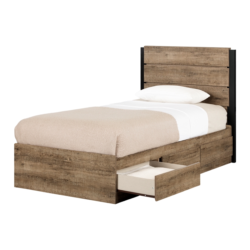 South Shore Arlen Mates Bed with 3 Drawers and Headboard Set Twin Weathered Oak