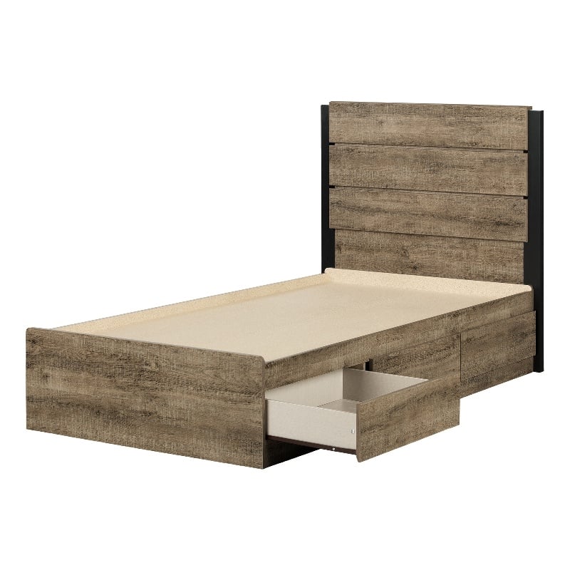 South Shore Arlen Mates Bed with 3 Drawers and Headboard Set Twin Weathered Oak
