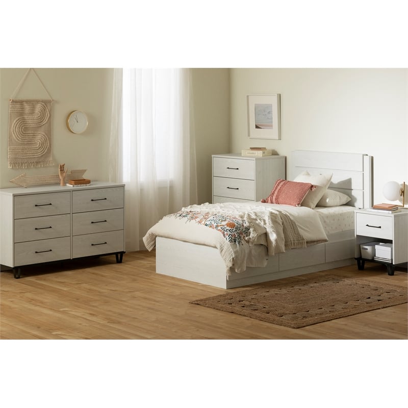 South Shore Arlen Mates Bed with 3 Drawers and Headboard Set Twin White Pine