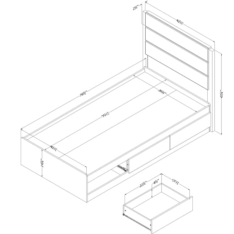 South Shore Arlen Mates Bed with 3 Drawers and Headboard Set Twin White Pine