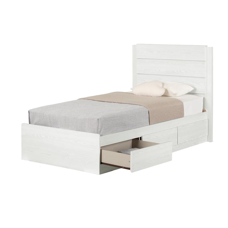 South Shore Arlen Mates Bed with 3 Drawers and Headboard Set Twin White Pine
