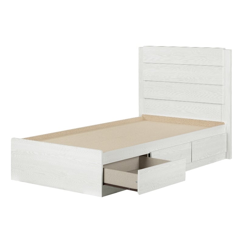 South Shore Arlen Mates Bed with 3 Drawers and Headboard Set Twin White Pine