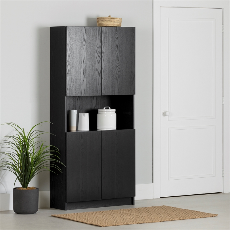South Shore Arum 4-Door Storage Cabinet with Open Storage Wide Black Oak