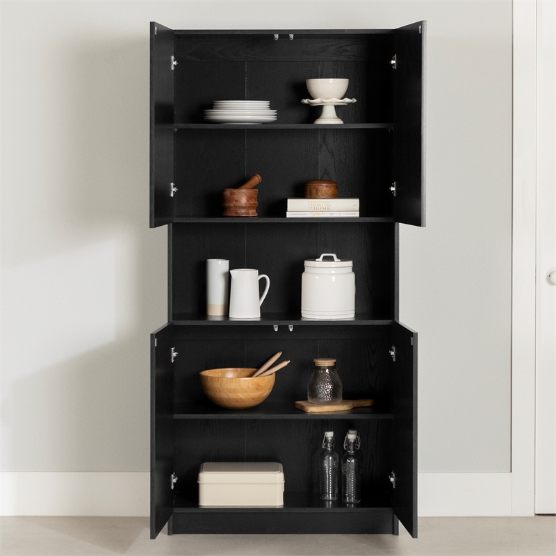 South Shore Arum 4-Door Storage Cabinet with Open Storage Wide Black Oak