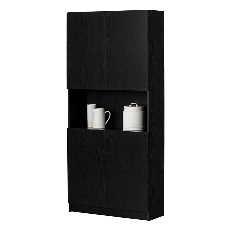 South Shore Arum 4-Door Storage Cabinet with Open Storage Wide Black Oak