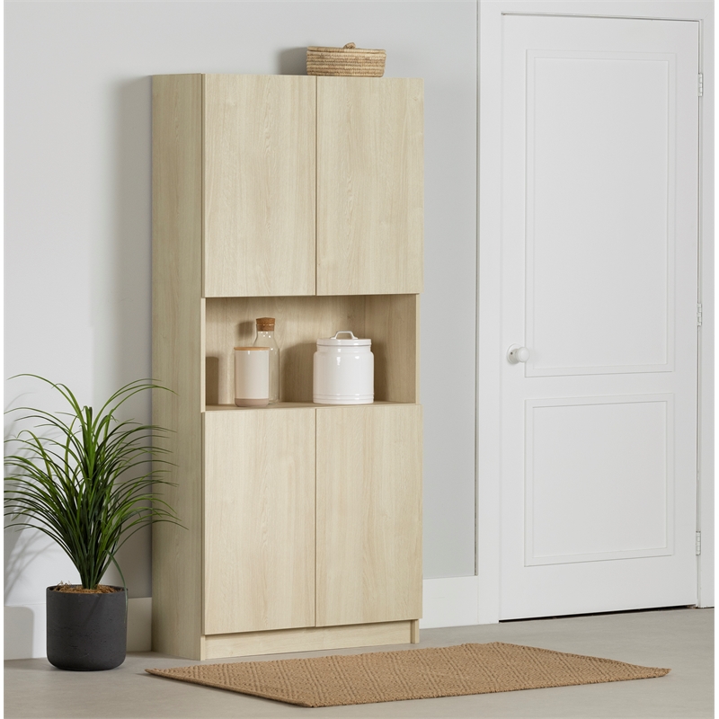 South Shore Arum 4-Door Storage Cabinet with Open Storage Wide Bleached Oak