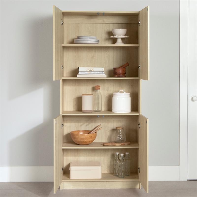 South Shore Arum 4-Door Storage Cabinet with Open Storage Wide Bleached Oak