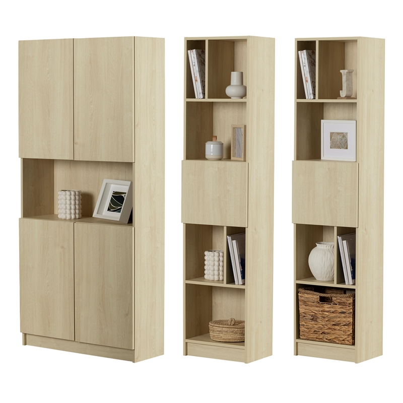 South Shore Liora Set of Bookcase and 2  5-Shelf Bookcases Wide Bleached Oak