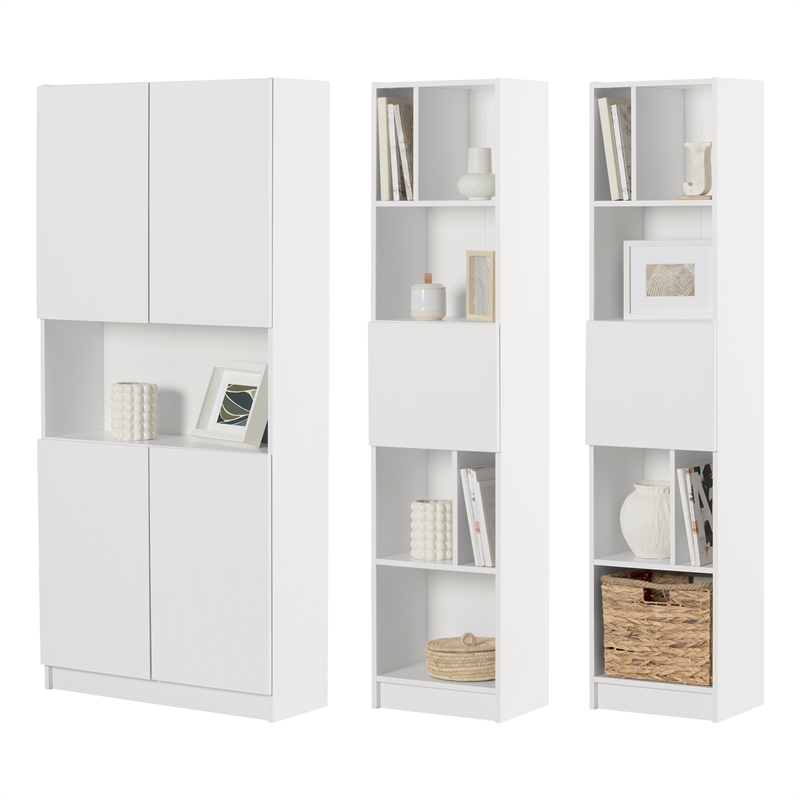 South Shore Liora Set of Bookcase and 2 Narrow 5-Shelf Bookcases Wide Pure White
