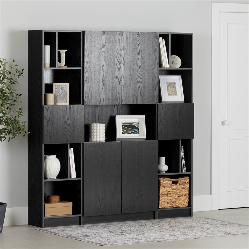South Shore Liora Set of Bookcase and 2 Narrow 5-Shelf Bookcases Wide Black Oak