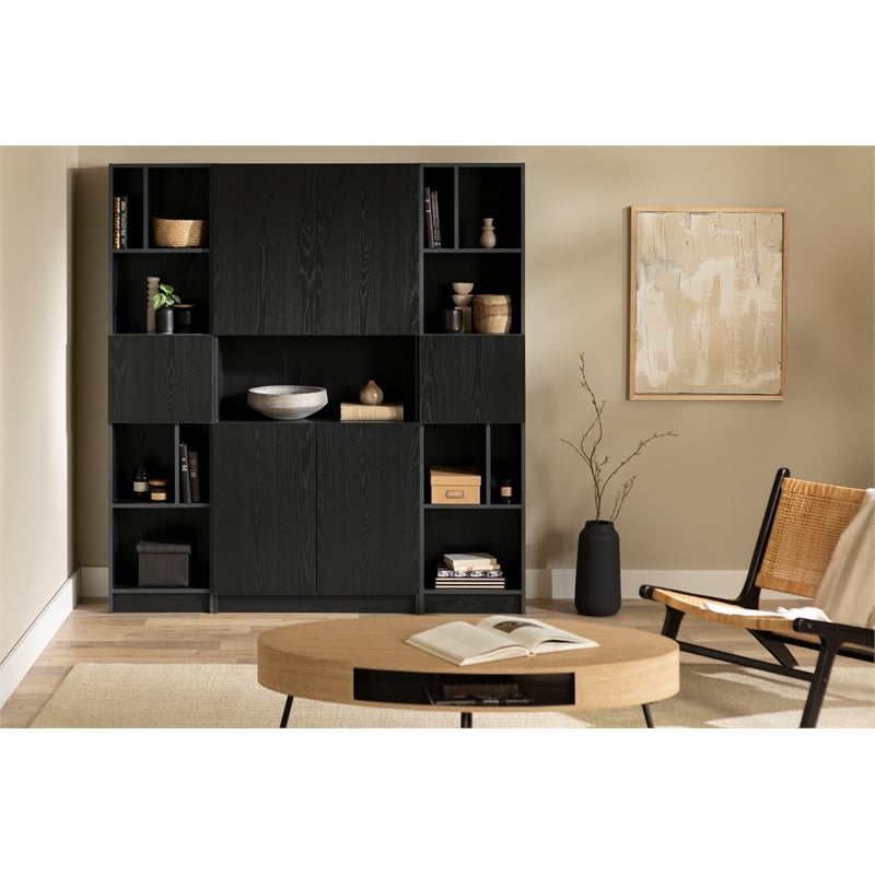 South Shore Liora Set of Bookcase and 2 Narrow 5-Shelf Bookcases Wide Black Oak