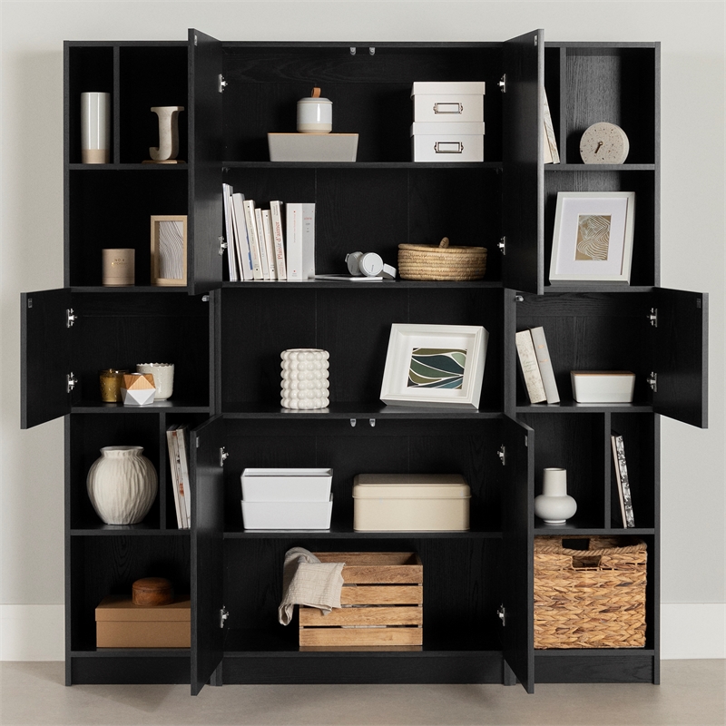 South Shore Liora Set of Bookcase and 2 Narrow 5-Shelf Bookcases Wide Black Oak