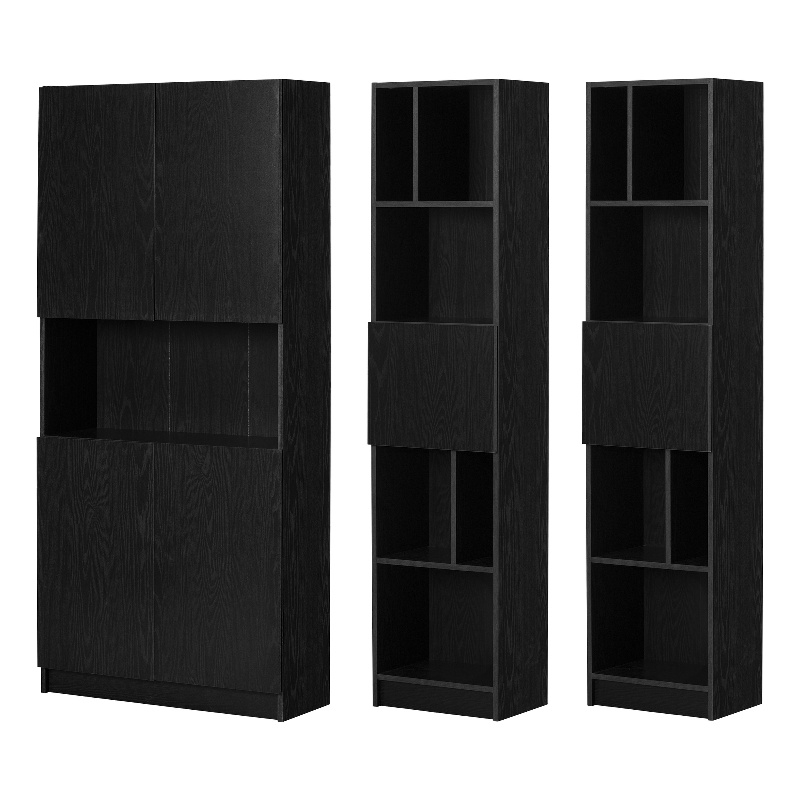 South Shore Liora Set of Bookcase and 2 Narrow 5-Shelf Bookcases Wide Black Oak