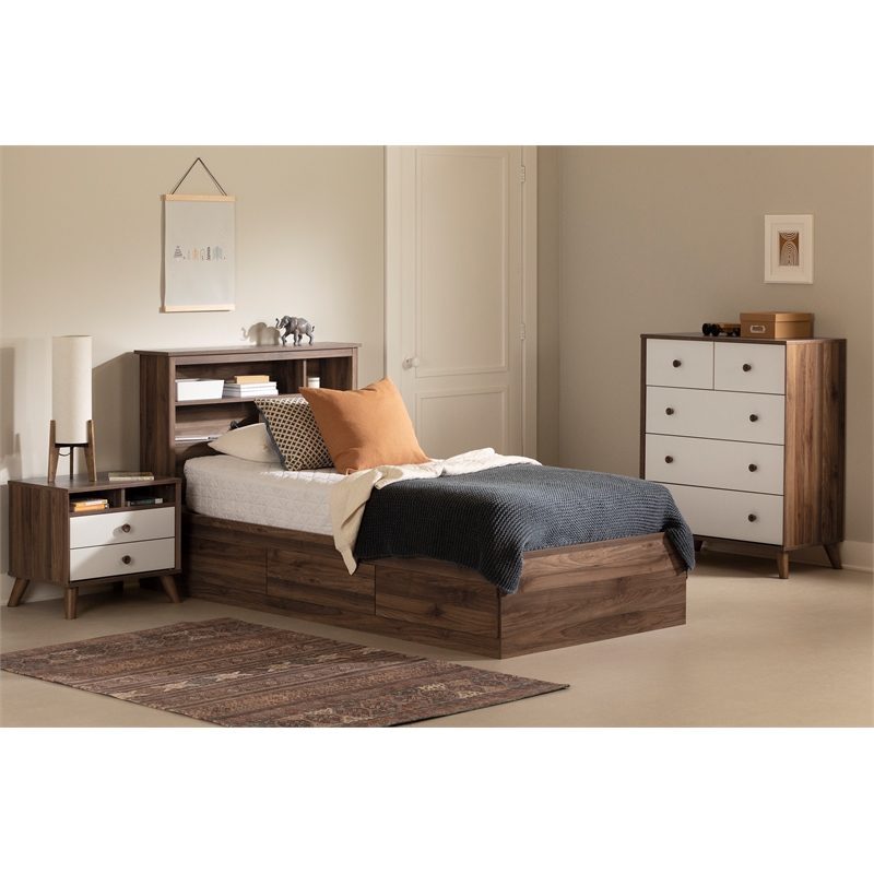 South Shore Yodi Mates Bed with 3 Drawers Twin Natural Walnut