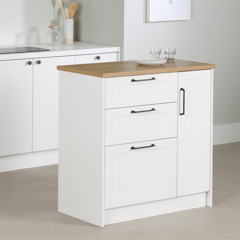 South Shore Toscano 3-Drawer Kitchen Island with Door White and Maple Nutmeg