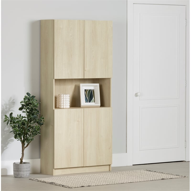South Shore Liora 4-Door Bookcase with Open Storage Wide Bleached Oak