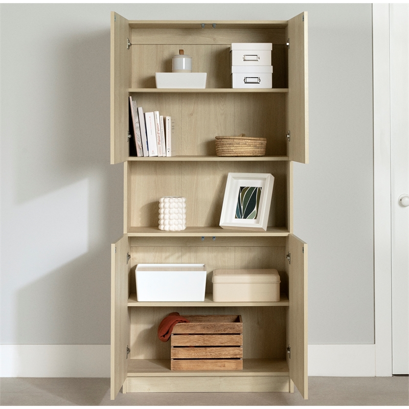 South Shore Liora 4-Door Bookcase with Open Storage Wide Bleached Oak